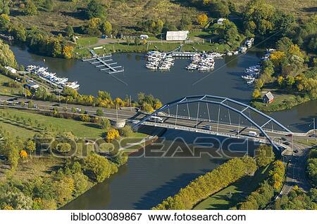 Stock Photo - "Aerial view, Saarbruecken marina, boat harbour, Zur Ostspange, Roemerbruecke bridge, Mitte, Berlin, Berlin, Germany, Europe". Fotosearch