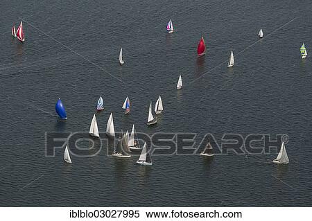 Stock Photography - "Aerial view, sailing regatta in the Bay of Greifswald or Greifswald Bodden, sailboats, turning, Middelhagen off the island of Ruegen, Alt Reddevitz, Middelhagen, Rugen, Mecklenburg-Western Pomerania, Germany, Europe". Fotosearch