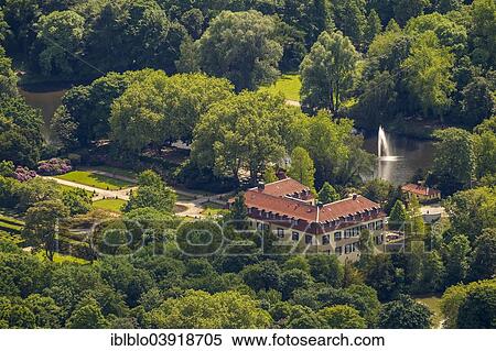 Stock Photography - "Aerial view, Schloss Berge moated castle, Gelsenkirchen, Ruhr district, North Rhine-Westphalia, Germany, Europe". Fotosearch