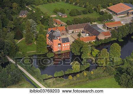 Stock Image - "Aerial view, Schloss Bloemersheim Castle, moat, Neukirchen-Vluyn, North Rhine-Westphalia, Germany, Europe". Fotosearch