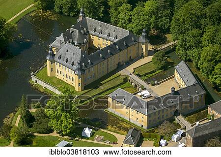 Stock Image - "Aerial view, Schloss Dyck moated castle, Juchen, North Rhine-Westphalia, Germany, Europe". Fotosearch