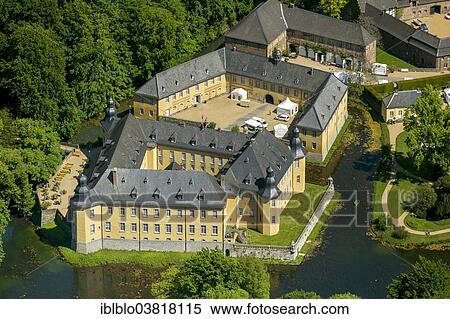 Stock Photography - "Aerial view, Schloss Dyck moated castle, Juchen, North Rhine-Westphalia, Germany, Europe". Fotosearch