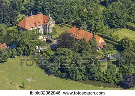 Stock Photograph - "Aerial view, Schloss Haus Vorhelm Castle, outbuildings, Ahlen, Ruhr area, North Rhine-Westphalia, Germany, Europe". Fotosearch
