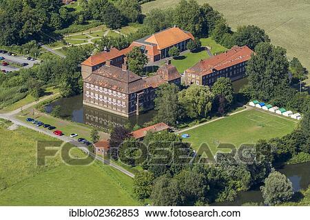Stock Image - "Aerial view, Schloss Oberwerries Castle, Hamm, Ruhr area, North Rhine-Westphalia, Germany, Europe". Fotosearch
