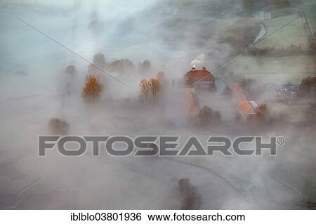 Stock Photograph - "Aerial view, Schloss Oberwerries moated castle, morning mist above the Lippe river, Lippeauen, Hamm, Ruhr area, North Rhine-Westphalia, Germany, Europe". Fotosearch