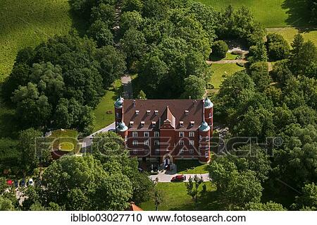 Stock Image - "Aerial view, Schloss Spyker Palace, Swedish castle in Glowe on the island of Ruegen, Spycker, Glowe, Mecklenburg-Western Pomerania, Germany, Europe". Fotosearch