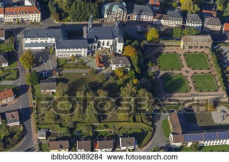 "Aerial view, Schlosskirche or Castle Church, orangery, also called Langer Bau, with the remains of the castle complex, Niederwurzbach, Blieskastel, Saarland, Germany, Europe" View Large Photo Image Picture - "Aerial view, Schlosskirche or Castle Church, orangery, also called Langer Bau, with the remains of the castle complex, Niederwurzbach, Blieskastel, Saarland, Germany, Europe". Fotosearch