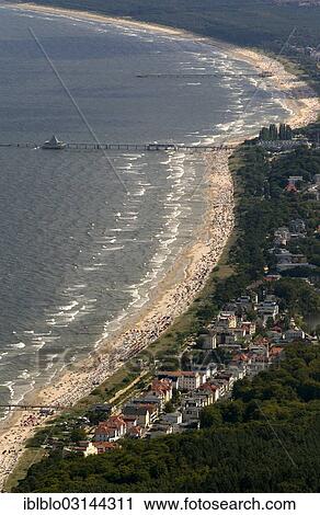 Stock Image - "Aerial view, Seebad Bansin, part of the seaside resort of Heringsdorf, Baltic Sea beach, Bansin, Heringsdorf, Usedom, Mecklenburg-Western Pomerania, Germany, Europe". Fotosearch