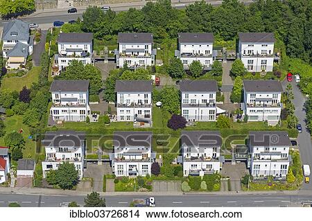 Picture - "Aerial view, semi-detached houses in the Alte Ziegelei, a former brickyard, Neheim-Husten, Arnsberg, North Rhine-Westphalia, Germany, Europe". Fotosearch