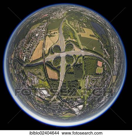 Picture - "Aerial view, shot with a fisheye lens, motorway intersection, Dortmund, Ruhr area, North Rhine-Westphalia, Germany, Europe". Fotosearch