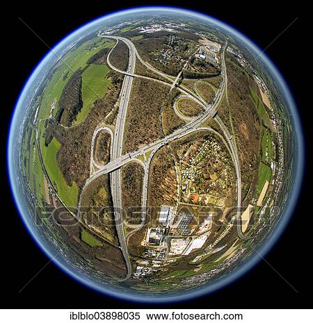 "Aerial view shot with a fisheye lens, motorway junction of A1, A43 and A46 motorway, near Hasslinghausen, Sprockhovel, Ruhr district, North Rhine-Westphalia, Germany, Europe" View Large Photo Image Stock Photography - "Aerial view shot with a fisheye lens, motorway junction of A1, A43 and A46 motorway, near Hasslinghausen, Sprockhovel, Ruhr district, North Rhine-Westphalia, Germany, Europe". Fotosearch
