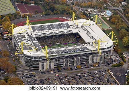 Stock Image - "Aerial view, Signal Iduna Park stadium, Dortmund, Ruhr region, North Rhine-Westphalia, Germany, Europe". Fotosearch
