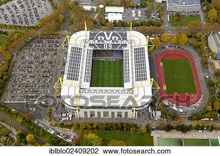 Stock Image - "Aerial view, Signal Iduna Park stadium, Dortmund, Ruhr region, North Rhine-Westphalia, Germany, Europe". Fotosearch