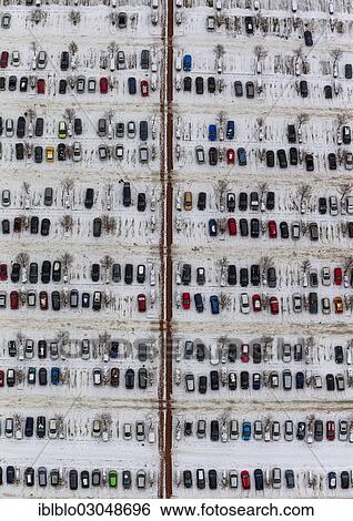 Stock Photograph - "Aerial view, snow-covered parking lot, Hamm-Mitte, Hamm, North Rhine-Westphalia, Germany, Europe". Fotosearch