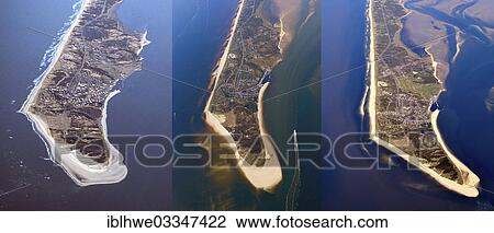 Stock Image - "Aerial view, southern tip of Sylt, image comparison of the years 2000, 2005, 2010, Sylt, Schleswig-Holstein, Germany, Europe". Fotosearch