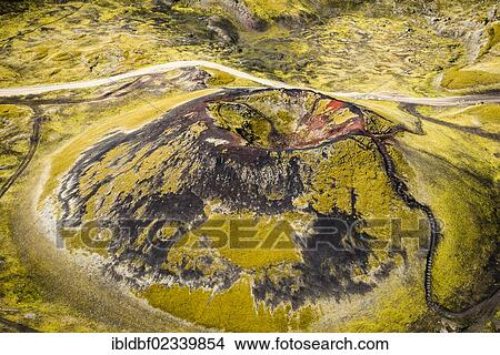 Picture - "Aerial view, Stutur volcano crater, Norournamshraun lava field, Landmannalaugar, Fjallabak Conservation Area, Icelandic Highlands, Iceland, Europe". Fotosearch