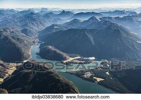 Stock Image - "Aerial view, Sylvenstein Dam near Lenggries, Upper Bavaria, Bavaria, Germany, Europe". Fotosearch