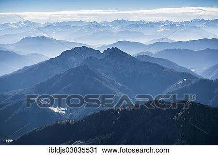 Stock Image - "Aerial view, the Alps between Tegernsee and Garmisch-Partenkirchen, view to the south, Upper Bavaria, Bavaria, Germany, Europe". Fotosearch