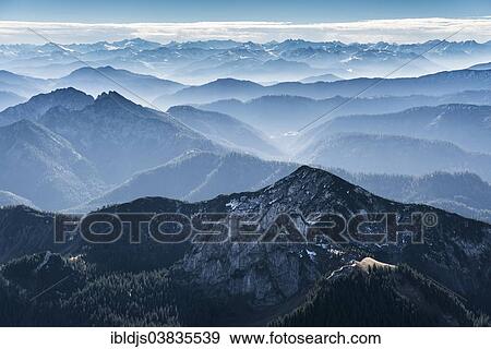 Stock Photo - "Aerial view, the Alps between Tegernsee and Garmisch-Partenkirchen, view to the south, Upper Bavaria, Bavaria, Germany, Europe". Fotosearch