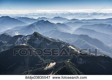 Stock Photo - "Aerial view, the Alps between Tegernsee and Garmisch-Partenkirchen, view to the south, Upper Bavaria, Bavaria, Germany, Europe". Fotosearch