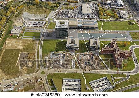 Stock Image - "Aerial view, ThyssenKrupp Headquarters Essen, Krupp-Guertel district, Beitz Boulevard, Essen, Ruhr area, North Rhine-Westphalia, Germany, Europe". Fotosearch