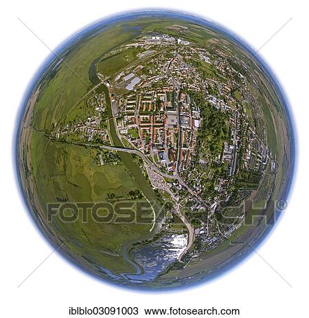 Stock Image - "Aerial view, town centre of Anklam on the Peene River, fisheye shot, Anklam, Mecklenburg-Western Pomerania, Germany, Europe". Fotosearch