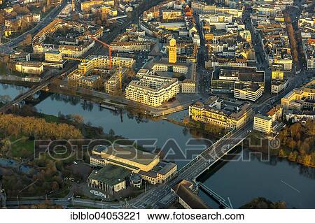 "Aerial view, Town Hall, urban development project Ruhrbania, evening light, Mulheim an der Ruhr, Ruhr district, North Rhine-Westphalia, Germany, Europe" View Large Photo Image Stock Image - "Aerial view, Town Hall, urban development project Ruhrbania, evening light, Mulheim an der Ruhr, Ruhr district, North Rhine-Westphalia, Germany, Europe". Fotosearch