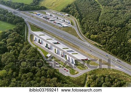 "Aerial view, truck parking area near Neufeld, A40 motorway, near Neufeld, North Rhine-Westphalia, Germany, Europe" View Large Photo Image Stock Image - "Aerial view, truck parking area near Neufeld, A40 motorway, near Neufeld, North Rhine-Westphalia, Germany, Europe". Fotosearch