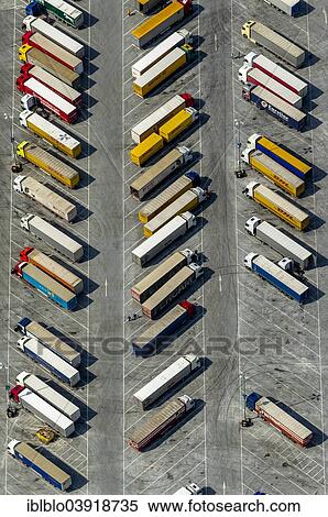Stock Photography - "Aerial view, truck parking at IKEA logistics center Ellingshausen, Mengede, Dortmund, Ruhr district, North Rhine-Westphalia, Germany, Europe". Fotosearch