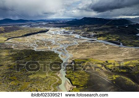 "Aerial view, Tungnaa braided river, rhyolite mountains, Landmannalaugar, Fjallabak conservation area, Icelandic Highlands, Iceland, Europe" View Large Photo Image Stock Image - "Aerial view, Tungnaa braided river, rhyolite mountains, Landmannalaugar, Fjallabak conservation area, Icelandic Highlands, Iceland, Europe". Fotosearch