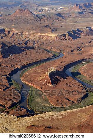 Stock Image - "Aerial view, Turks Head, bend of the Green River, The White Rim, Island in the Sky, Canyonlands National Park, Utah, United States of America, USA". Fotosearch