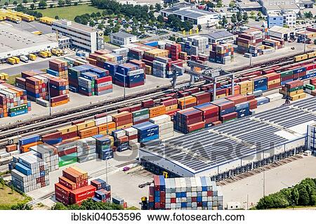 Stock Photograph - "Aerial view, Umschlagbahnhof, logistics center, Regensburg, Upper Palatinate, Bavaria, Germany, Europe". Fotosearch