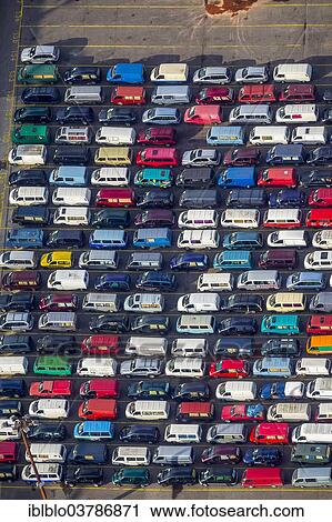 Stock Image - "Aerial view, UniKai car lot for shipment of cars, Hamburg, Germany, Europe". Fotosearch