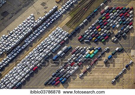 Stock Photo - "Aerial view, UniKai car lot for shipment of cars, Hamburg, Germany, Europe". Fotosearch