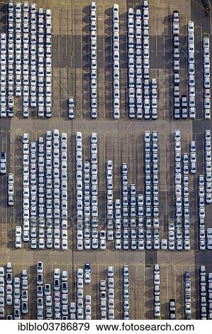 Stock Photo - "Aerial view, UniKai car lot for shipment of cars, Hamburg, Germany, Europe". Fotosearch