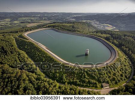 Stock Image - "Aerial view, upper reservoir of the Ronkhausen pumped-storage hydroelectric plant, Finnentrop, Sauerland, North Rhine-Westphalia, Germany, Europe". Fotosearch