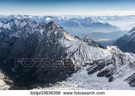 Stock Photo - "Aerial view, view seen from Zugspitze mountain to the South, Alps, Upper Bavaria, Bavaria, Germany, Europe". Fotosearch