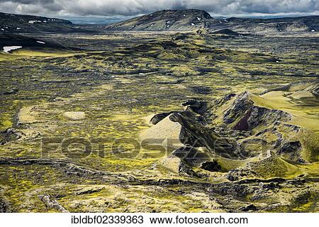 Stock Image - "Aerial view, volcanic fissure, moss-covered Craters of Laki or Lakagigar, Icelandic Highlands, Southern Iceland, Suourland, Iceland, Europe". Fotosearch