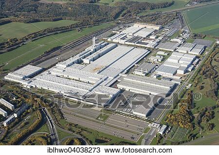 Stock Image - "Aerial view, Volkswagen Mosel-Zwickau factory, founded in 1990, Zwickau, Saxony, Germany, Europe". Fotosearch