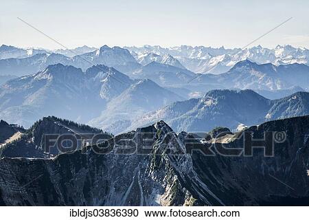 Stock Image - "Aerial view, Wendelstein massif, Mangfall Mountains, Bavarian Prealps, Bavaria, Germany, Europe". Fotosearch