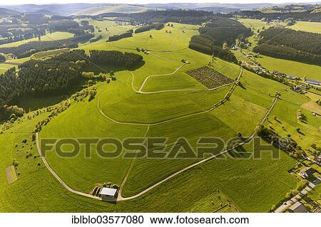 "Aerial view, Wittgensteiner Land district, hilly landscape, paths aligned to contour lines, Wunderthausen, Bad Berleburg, North Rhine-Westphalia, Germany, Europe" View Large Photo Image Stock Image - "Aerial view, Wittgensteiner Land district, hilly landscape, paths aligned to contour lines, Wunderthausen, Bad Berleburg, North Rhine-Westphalia, Germany, Europe". Fotosearch