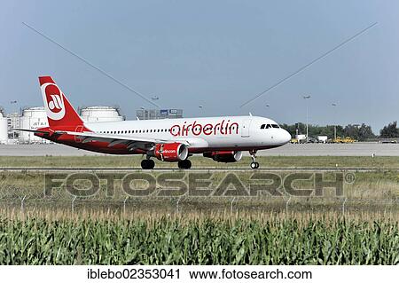 Stock Image - "Airberlin D-ABFP Airbus A320-214 landing at Stuttgart Airport, Stuttgart, Baden-Wuerttemberg, Germany, Europe". Fotosearch