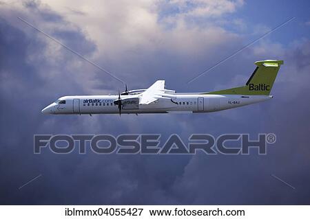 Aircraft YL-BAJ Air Baltic De Havilland Dash 8 flying in bad weather View Large Photo Image Stock Photo - Aircraft YL-BAJ Air Baltic De Havilland Dash 8 flying in bad weather. Fotosearch