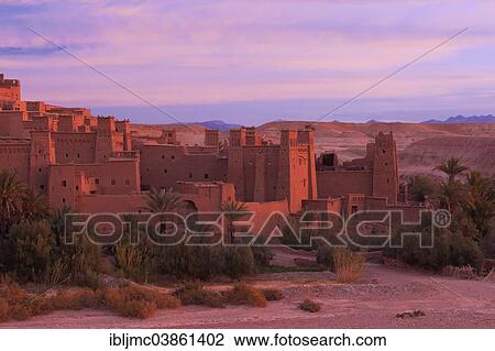 Stock Image - "Ait Benhaddou Kasbah, UNESCO World Heritage Site, at dawn, High Atlas Mountains, ksar Ait Benhaddou, Ouarzazate Province, Souss Massa Draa region, Morocco, Africa". Fotosearch