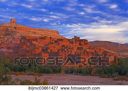 Stock Photo - "Ait Benhaddou Kasbah, UNESCO World Heritage Site, at dawn, High Atlas Mountains, ksar Ait Benhaddou, Ouarzazate Province, Souss Massa Draa region, Morocco, Africa". Fotosearch