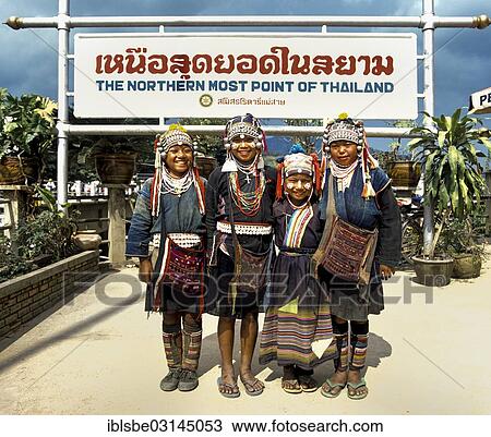 "Akha hill tribe girls wearing traditional costumes and headdresses standing at the northernmost point of Thailand, Mae Sai, Chiang Rai Province, Northern Thailand, Thailand, Asia" View Large Photo Image Stock Image - "Akha hill tribe girls wearing traditional costumes and headdresses standing at the northernmost point of Thailand, Mae Sai, Chiang Rai Province, Northern Thailand, Thailand, Asia". Fotosearch