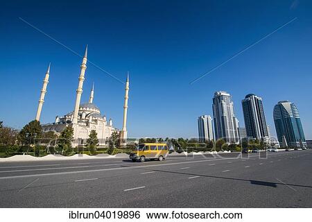 Stock Photograph - "Akhmad Kadyrov Mosque and modern business buildings in Grozny, Chechnya, Caucasus, Russia, Europe". Fotosearch