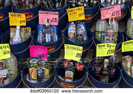 Stock Image - "Alcohol for sale at Ballermann, Playa de Palma, Majorca, Balearic Islands, Spain, Europe". Fotosearch