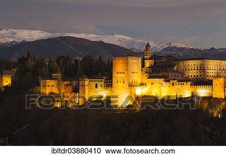 "Alhambra palace, illuminated at dusk, the snow-capped Sierra Nevada at the back, Granada, Granada province, Andalusia, Spain, Europe" View Large Photo Image Stock Image - "Alhambra palace, illuminated at dusk, the snow-capped Sierra Nevada at the back, Granada, Granada province, Andalusia, Spain, Europe". Fotosearch