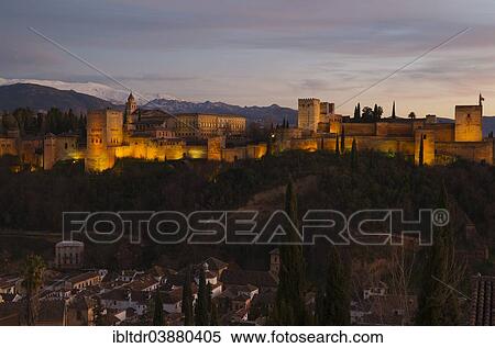 "Alhambra palace, illuminated at dusk, on the right the Alcazaba, in the foreground the Moorish quarter Albaicin, the Sierra Nevada at the back, Granada, Granada province, Andalusia, Spain, Europe" View Large Photo Image Stock Photography - "Alhambra palace, illuminated at dusk, on the right the Alcazaba, in the foreground the Moorish quarter Albaicin, the Sierra Nevada at the back, Granada, Granada province, Andalusia, Spain, Europe". Fotosearch
